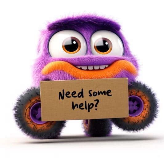 Purple monster character holding a 'Need some help?' sign